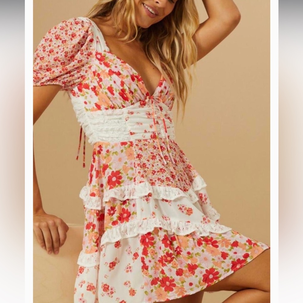 Altar'd State White and pink Floral Eyelet Mini Dress
